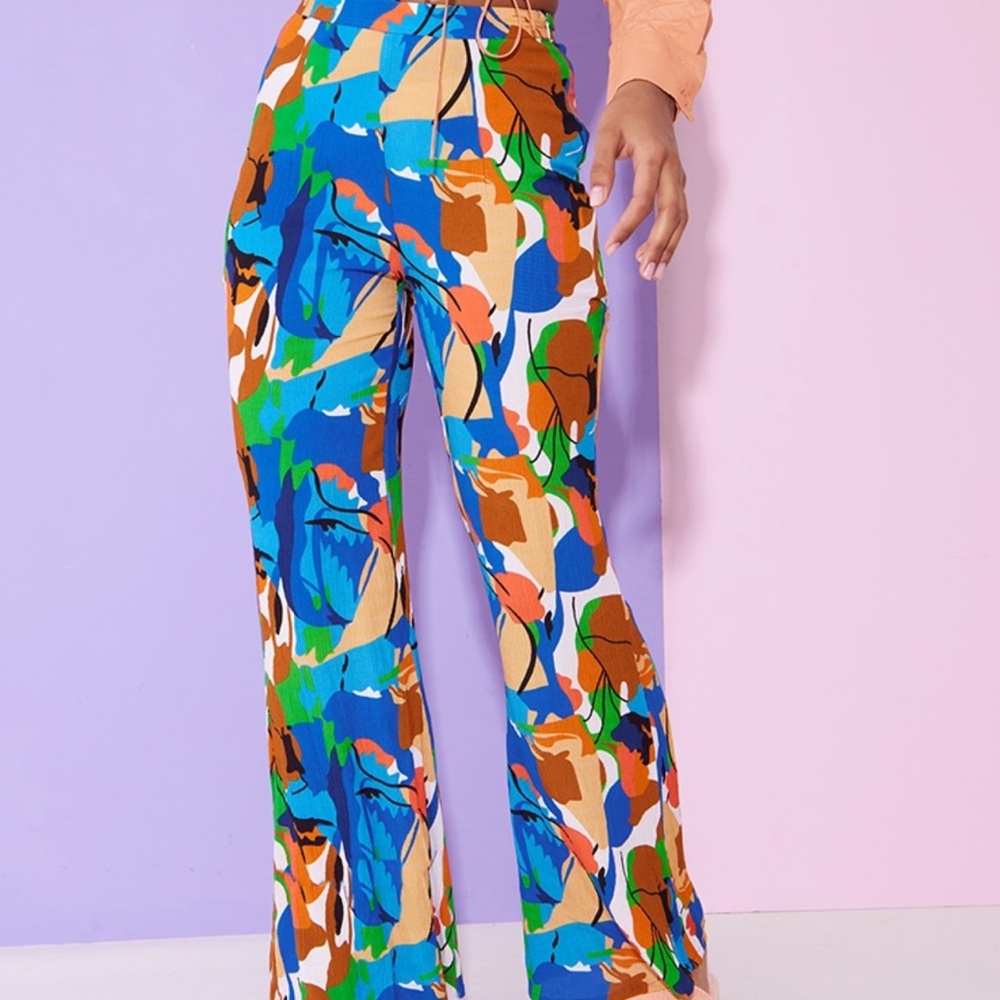 Multi-Color Printed Linen Flare Pants